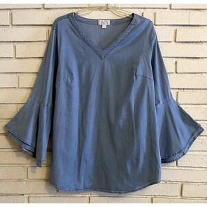 Belle by Kim Gravel Stretch Lyocell Bell Sleeve V-Neck Top Size Med. Light Blue